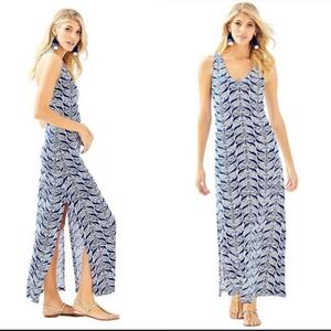 Lilly Pulitzer‎ Kerri Maxi Dress Sz M Blue White Mermaid Tail Print Sleeveless